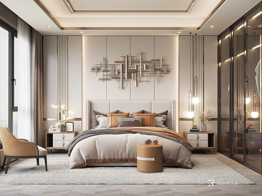 Modern Elegant Bedroom Interior With Upholstered Headboard Bedding Nightstands Armchair And Decorative Wall Art 3d model 
