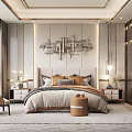 Modern Elegant Bedroom Interior With Upholstered Headboard Bedding Nightstands Armchair And Decorative Wall Art