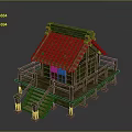 Traditional Wooden House Featuring Green Tiled Roof And Elevated Wooden Balcony Stairs