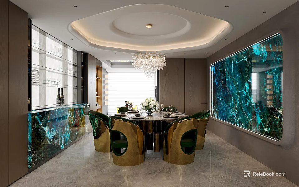 Elegant Modern Restaurant Interior With Round Dining Table Green Chairs Chandelier And Teal Wall 3d model 