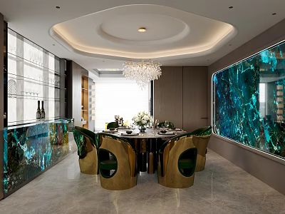 Elegant Modern Restaurant Interior With Round Dining Table Green Chairs Chandelier And Teal Wall 3d model