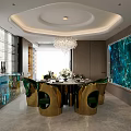 Elegant Modern Restaurant Interior With Round Dining Table Green Chairs Chandelier And Teal Wall