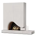 Modern White Fireplace Design with Burning Flames and Decorative Candles