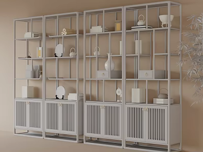 Gray Display Shelf With Multiple Shelves And Decorative Vases Plates Boxes In Modern Interior 3d model