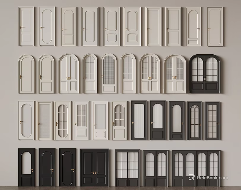 Various White And Black Doors With Arched Rectangular And Glass Panel Designs 3d model