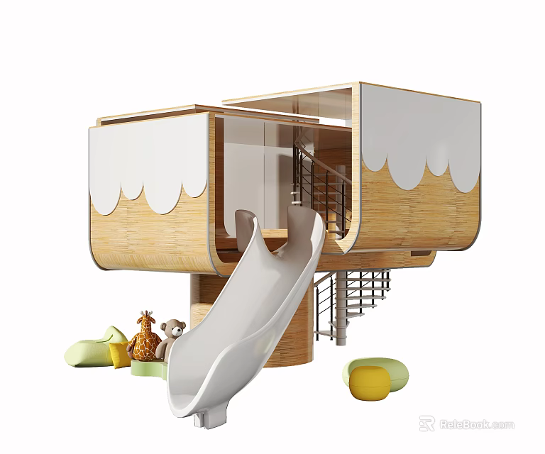 Fun Safe Wooden Playground Equipment With Slide Animal Figures And Balls 3d model 