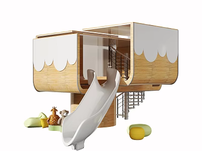 Fun Safe Wooden Playground Equipment With Slide Animal Figures And Balls 3d model