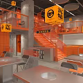 Modern Clay Stove Hotpot Restaurant Interior With Orange Decor And Staircase