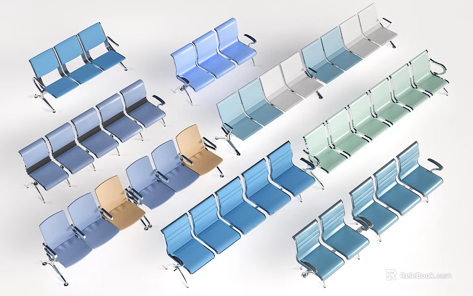 Various Colored Row Seating Sets With Blue Gray Green And Beige Tones 3d model 