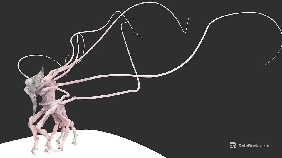 Pale Pink Aquatic Animal With Long Wavy Tentacles On Black Background And White Base 3d model 