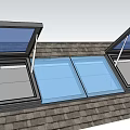 Residential Building Roof With Skylights Green Mountains Blue Sky And Green Grass