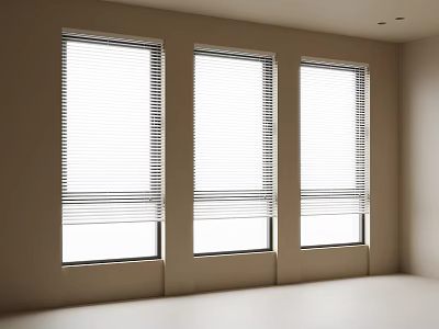 Minimalist Light Colored Room Interior Design With Three Windows Fitted With White Blinds 3d model