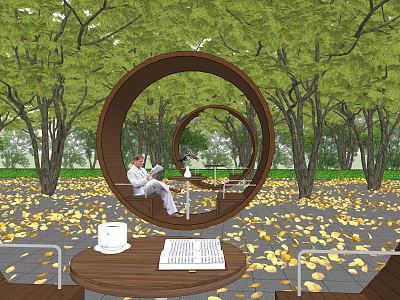 Circular Wooden Outdoor Landscape Seat Amidst Trees With Fallen Leaves For Relaxation And Reading 3d model
