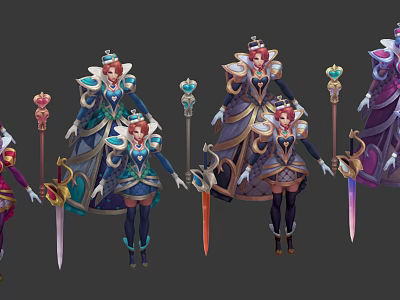 Game Movie Characters With Royal Crowns Magic Staffs And Colorful Armor Designs 3d model