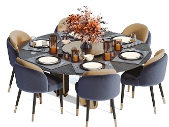 Round Dining Table Chair Round Dining Table Dining Chair Tableware Flower-arranging Floral Plant Chair Chandelier 3d model