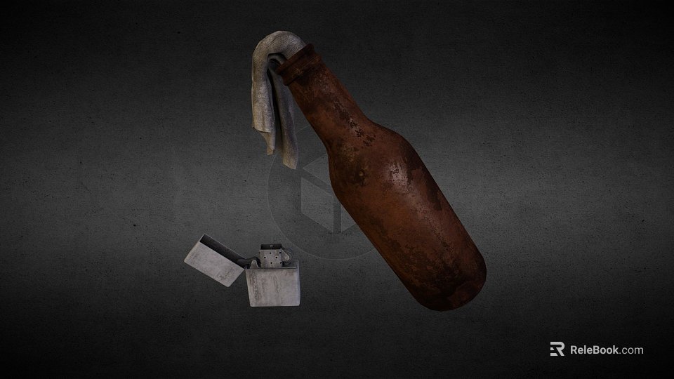 Homemade Weapon Made From Brown Bottle With White Fuse And Lighter 3d model 