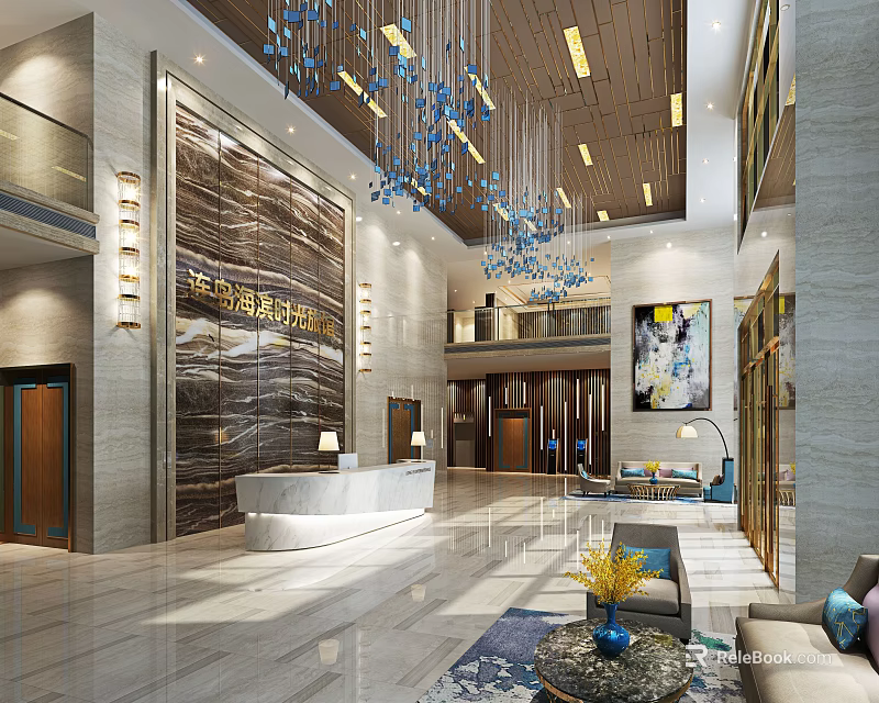 Modern Hotel Lobby Interior With Chandelier Reception Desk And Marble Walls 3d model 