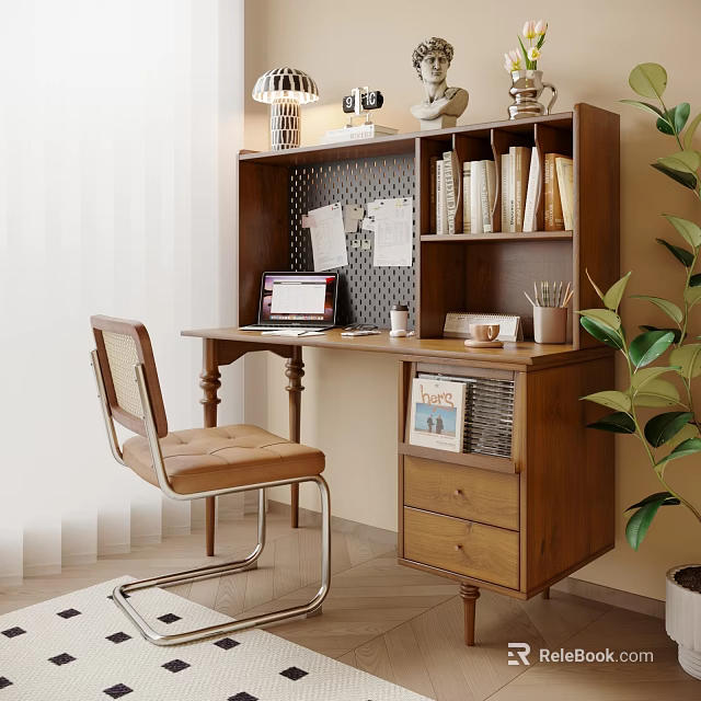 Cozy Wooden Desk Interior With Integrated Bookshelf Laptop Chair Green Plant And Drawers 3d model 