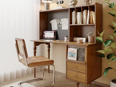Cozy Wooden Desk Interior With Integrated Bookshelf Laptop Chair Green Plant And Drawers 3d model