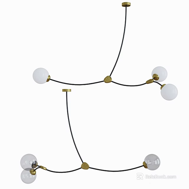 Modern Chandelier with Multiple Spherical Glass Bulbs Golden Metal Accents and Black Suspension Wires 3d model 
