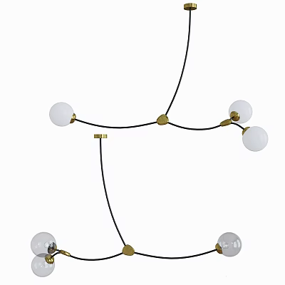 Modern Chandelier with Multiple Spherical Glass Bulbs Golden Metal Accents and Black Suspension Wires 3d model