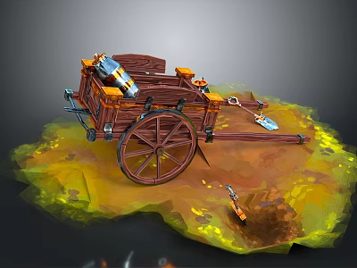 Vintage Wooden Cart with Large Wheels Barrel and Tools on Yellow Ground 3d model