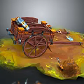 Vintage Wooden Cart with Large Wheels Barrel and Tools on Yellow Ground