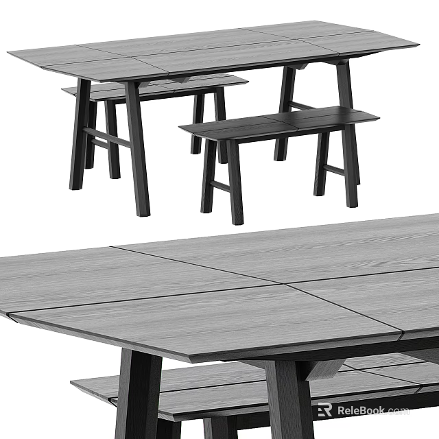 Modern Wooden Dining Table Set With Matching Bench For Home Dining Room 3d model 