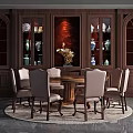 Elegant Round Wooden Dining Table Set with Upholstered Chairs and Wooden Cabinet with Decorative Vases