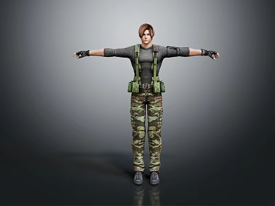 Female Game Film Character In Camouflage Pants Black Tank Top Green Tactical Vest Arms Outstretched 3d model