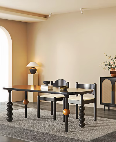 Modern Dining Table Set with Black Table Light-Colored Chairs Lamp Vase Cabinet in Beige Interior 3d model