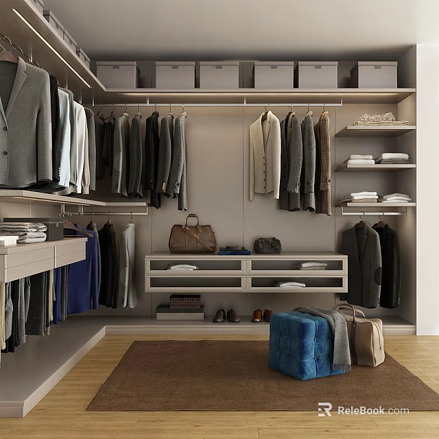 Well Organized Clothes In Modern Walk In Closet With Hanging Suits Shelves And Bags 3d model 