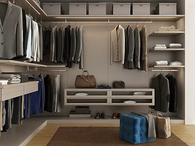 Well Organized Clothes In Modern Walk In Closet With Hanging Suits Shelves And Bags 3d model