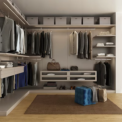 Well Organized Clothes In Modern Walk In Closet With Hanging Suits Shelves And Bags 3d model