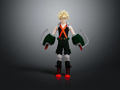 Anime Style 3D Character With Golden Spiky Hair Green Gloves And Creature Inspired Weapons 3d model