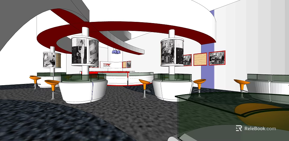 Modern Exhibition Space Design With Display Stands Black And White Photos Red Curved Structures 3d model 