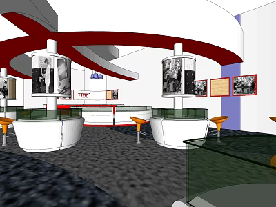 Modern Exhibition Space Design With Display Stands Black And White Photos Red Curved Structures 3d model