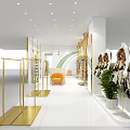 Modern Clothing Store Interior With Golden Racks Apparel Display Orange Chair And Green Plants