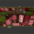 Assorted Food On Wooden Shelf Table With Red Pink Meat Bottled Spices Green Plant Decor