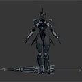 Standing Armored Character In Black Futuristic Armor With Spear Weapon