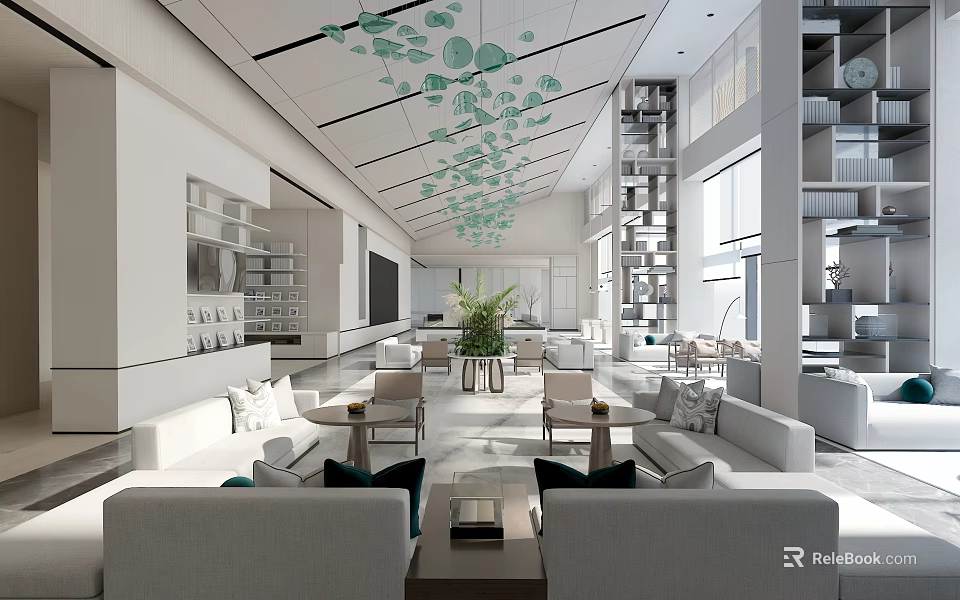 Modern Sales Office Interior Design With White Sofas Green Plants And Chandeliers 3d model 