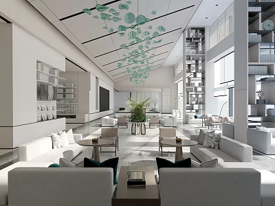 Modern Sales Office Interior Design With White Sofas Green Plants And Chandeliers 3d model