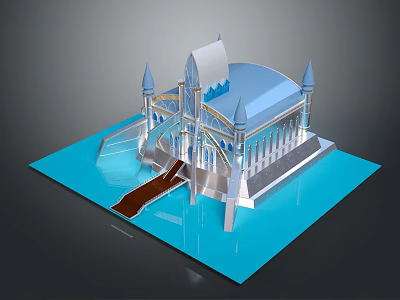Futuristic Architecture Featuring Spires Blue Roof Water Surrounding Glass Walkway Modern Design 3d model