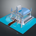 Futuristic Architecture Featuring Spires Blue Roof Water Surrounding Glass Walkway Modern Design
