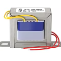 Silver Metal Case Transformer With Blue White Components And Yellow Red Wires