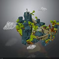 Floating Fantasy Island With Mountains Green Vegetation Bridge Buildings And Clouds