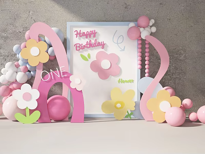 First Birthday Party Decorations With Pink Flowers Balloons And Happy Sign 3d model