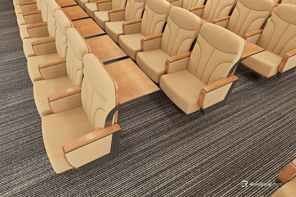Neatly Arranged Beige Public Chairs With Wooden Armrests And Small Tables On Striped Carpet 3d model 