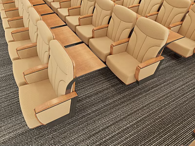Neatly Arranged Beige Public Chairs With Wooden Armrests And Small Tables On Striped Carpet 3d model
