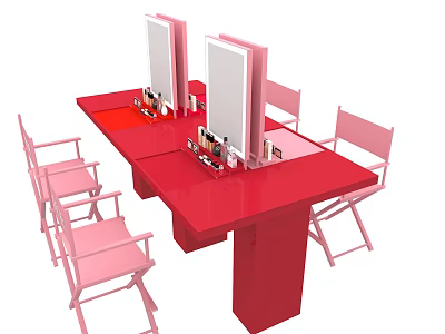 Red Dressing Table With Pink Chairs and Makeup Mirrors With Cosmetics 3d model